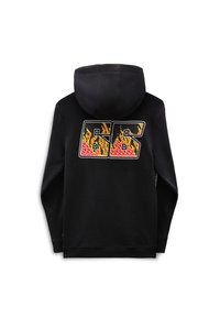 Black hooded sweatshirt with a large "66" in white outlined letters, featuring a gradient flame design in red and yellow on the back.