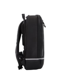 Sac à dos noir de forme rectangulaire, doté de deux zips, d'un rembourrage en maille et d'accents réfléchissants. Fabriqué à partir d'un matériau durable et texturé.