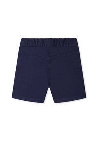 Pantaloni corti blu navy con vita elastica, davanti piatto e due tasche posteriori. Realizzati in tessuto misto cotone con una texture liscia.