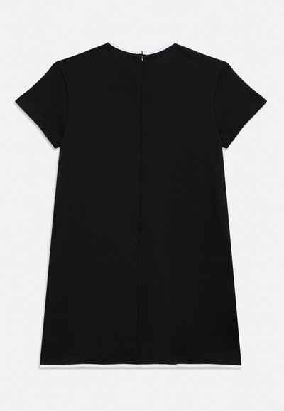 Black short-sleeve A-line dress with back zipper closure and round neckline, displayed flat on a white background.