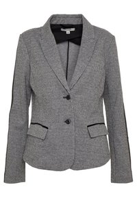 Grå hørgarn blazer med spids lapel, to forlommer og sorte knapdetaljer. Har en glat tekstur og en skræddersyet pasform.