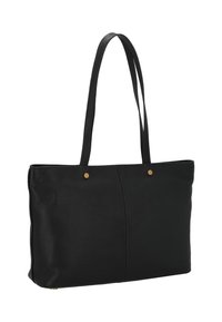 Borsa tote nera in pelle con superficie texture, dotata di due manici lunghi e dettagli dorati vicino alla cucitura superiore. Forma rettangolare semplice.