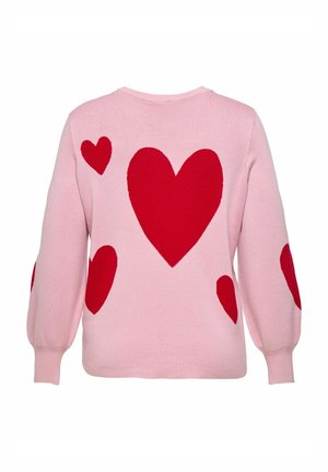 Rosa Pullover mit großen und kleinen roten Herzmustern. Weiche Textur mit rundem Ausschnitt und aufgepufften Ärmeln.