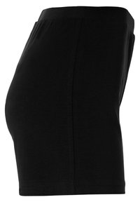 Zwarte zwangerschapsshorts van stretchy materiaal met een hoge tailleband, een gladde textuur en een aangesloten ontwerp. Heeft een lengte tot halverwege de dij voor comfort.