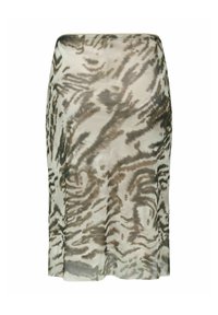 Jupe longueur genoux avec un motif animalier abstrait beige et marron et une silhouette droite.