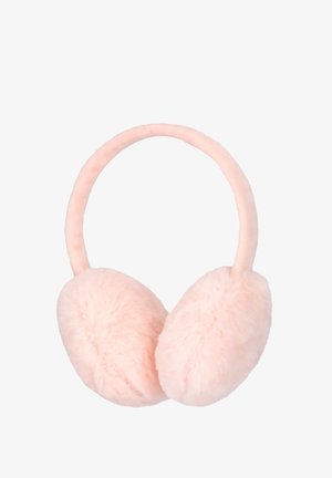 Pink faux fur earmuffs with a soft, rounded shape and a flexible headband. Features plush texture and seamless design for comfort.