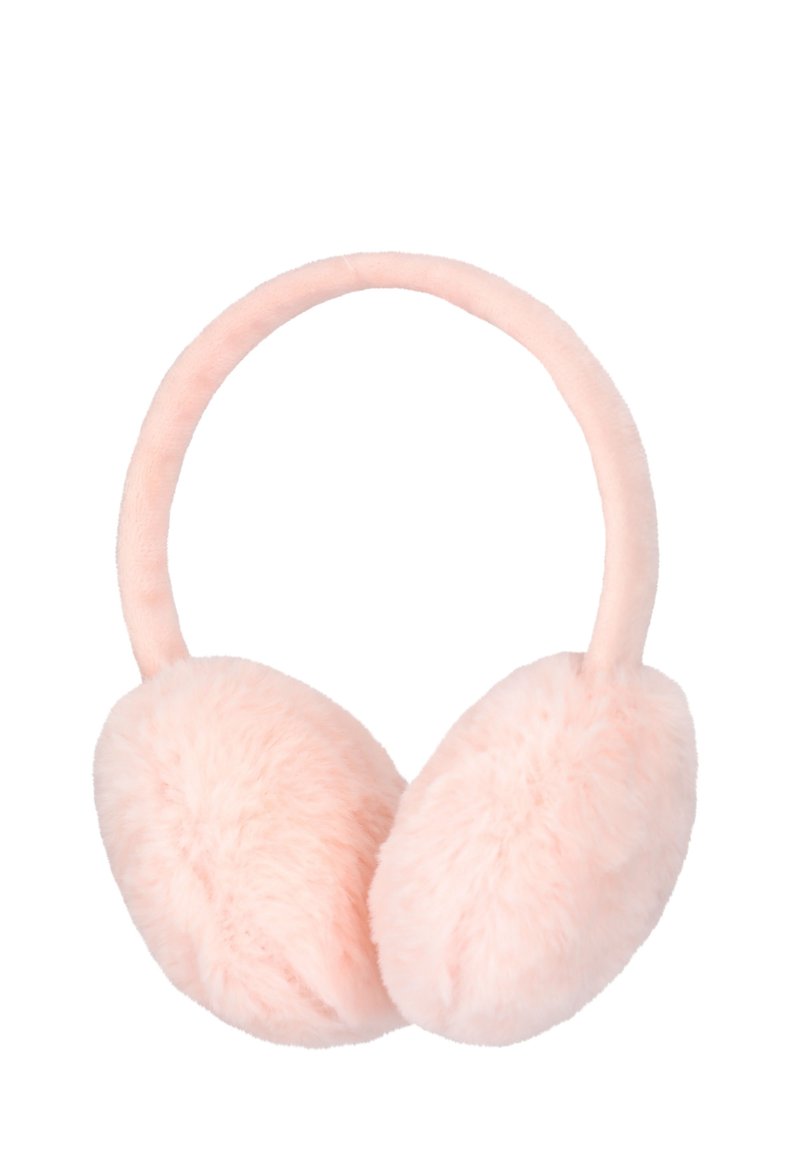 Rosa fuskpäls öronmuffar med en mjuk, rund form och en flexibel huvudband. Har en pluffsig textur och sömlös design för komfort.