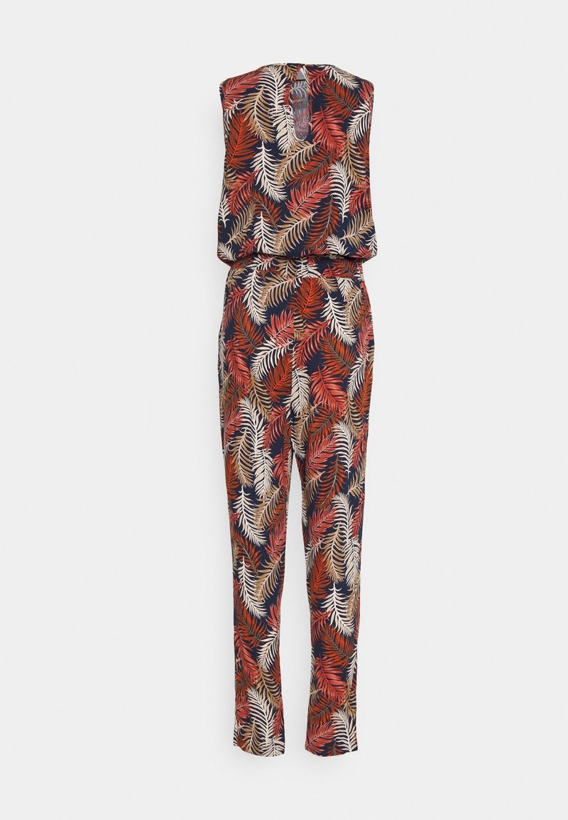 Navy jumpsuit with a floral leaf pattern in red, cream, and gold. Features a sleeveless design and an elastic waist for a relaxed fit.