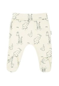 Kremowe spodnie dla niemowląt o miękkiej fakturze, z zabawnym nadrukiem zwierzątek: żyraf, słoni i małego ptaszka. Model z stopkami.