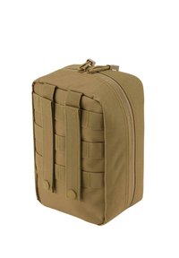 Compact tan pouch made of durable fabric, featuring a zip closure, vertical webbing straps on the front, and snap buttons on the sides.