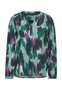 Camicia a maniche lunghe con motivo, caratterizzata da un design astratto verde, bianco e viola, chiusura con bottoni e vestibilità comoda con orlo arrotondato.