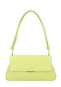 Borsa in pelle gialla con design strutturato, patta frontale piatta e tracolla singola regolabile. Presenta un dettaglio logo in metallo.