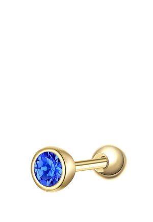 Orecchino stile bilanciere in oro con una pietra preziosa blu tonda e sfaccettata incastonata in una castone su un'estremità.