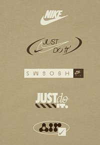 Bežs audums ar dažādiem Nike logo balta un brūnā krāsā, tostarp "JUST DO IT", "SWOOSH" un "NIKE AIR", katrs ar atšķirīgām fontu un dizainu īpašībām.