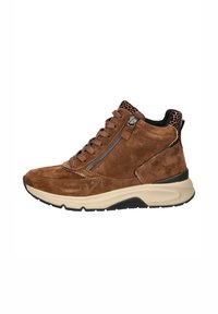 Brown suede high-top sneaker with a beige sole, featuring lace-up closure and a side zipper. Textured accent detail at the heel.