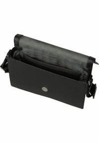 Borsa a tracolla nera con texture, dotata di chiusura magnetica, con interni a motivo e molteplici scomparti per l'organizzazione.