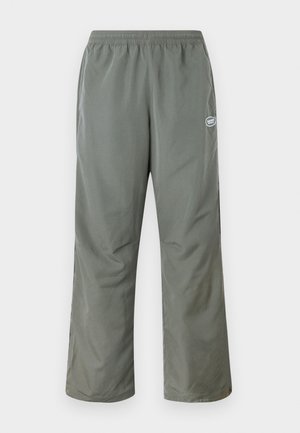 Green, lightweight pants with an elastic waistband, wide leg design, and a small logo on the front. Smooth, synthetic fabric.