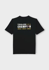 T-shirt en coton noir avec le texte "TOULON CHAMPION" en blanc et or, accompagné de trois étoiles et des années "2013-2014-2015" en dessous.