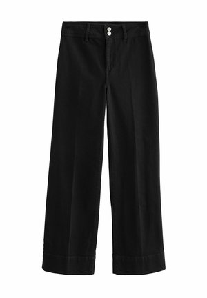 Schwarze Baumwoll-Jeans mit weitem Bein, hoher Taille, zwei vorderen Knöpfen, robuster Naht und sauberem Saum.