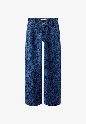 Blå vide ben-jeans med præget rosemønster, forreste lommer, bæltestropper og knaplukning.