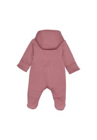 Rosa, aus Baumwolle, einteiliges Kleidungsstück mit Kapuze, langen Ärmeln und Bündchen. Besonderheit ist das geraffte Rückenteil und die Zehenspitzen. Weiche Textur, schlichtes Design.