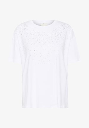 Witte katoenen t-shirt met een relaxte pasvorm, voorzien van zilveren metallic versieringen die in een gradient patroon over de voorkant zijn gerangschikt.