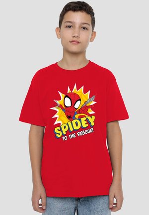 Red cotton t-shirt featuring a Spider-Man graphic with "SPIDEY TO THE RESCUE!" text. Short sleeves, crew neck, casual fit.