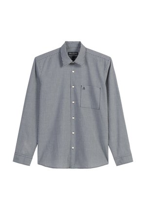 Hemd mit Knopfleiste in marineblauem und weißem Vichy-Karo-Muster, lange Ärmel, spitzer Kragen, einzelne Brusttasche und Logodetail über der Tasche.