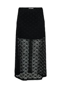 Gonna maxi nera in pizzo con motivo floreale, strato inferiore trasparente e vita elastica per flessibilità e comfort.