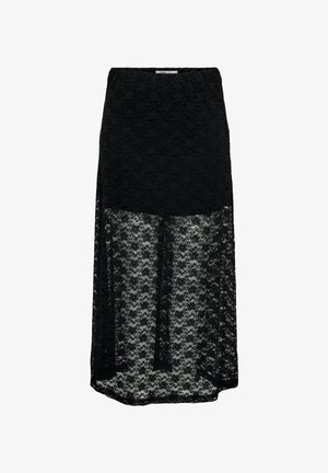 Černá krajková maxi sukně s květinovým vzorem, průhlednou spodní vrstvou a elastickým pasem pro flexibilitu a pohodlí.