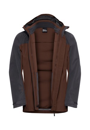 Giacca marrone e grigia con zip frontale, cappuccio pieghevole e interno foderato. Presenta polsini elastici e una superficie esterna liscia.