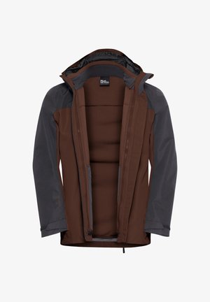 Giacca marrone e grigia con zip frontale, cappuccio pieghevole e interno foderato. Presenta polsini elastici e una superficie esterna liscia.