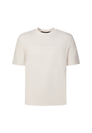 Camiseta sencilla de manga corta color blanco hueso con cuello redondo y texto en relieve sutil en el pecho que dice "PARIS LACOSTE"
