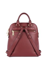 Zaino in pelle bordeaux con finitura testurizzata, dettagli in metallo dorato, manico superiore e spallacci regolabili. Tasca anteriore con zip.