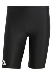 Shorts de bain noirs en tissu lisse et extensible. Conception ajustée avec un logo blanc sur le côté inférieur gauche.