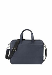 Granatowa skórzana torba na laptopa z podwójnymi uchwytami i odpinanym paskiem na ramię. Posiada zamek błyskawiczny oraz teksturowaną powierzchnię dla zwiększenia trwałości.