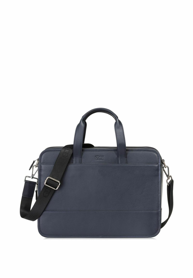 Granatowa skórzana torba na laptopa z podwójnymi uchwytami i odpinanym paskiem na ramię. Posiada zamek błyskawiczny oraz teksturowaną powierzchnię dla zwiększenia trwałości.