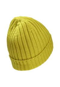 Gele gebreide muts met een ribbelstructuur. Heeft een opgerolde rand en een ronde topontwerp. Geschikt voor koud weer.