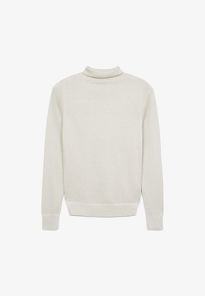 Hellgrauer Rollkragenpullover aus weichem Strickmaterial, mit langen Ärmeln und geripptem Saum. Glatte Textur mit subtiler Eleganz.