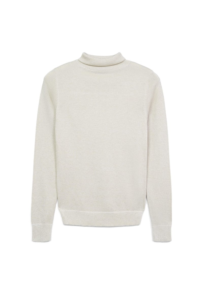 Hellgrauer Rollkragenpullover aus weichem Strickmaterial, mit langen Ärmeln und geripptem Saum. Glatte Textur mit subtiler Eleganz.