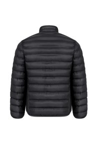 Czarna kurtka puchowa o pikowanej konstrukcji, z poziomym przeszyciem. Gładka faktura, stojący kołnierz i brak widocznych elementów metalowych.