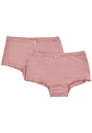 Katoenen shorts in zachtroze; met kantafwerking aan de benen en kleine strikaccenten op de tailleband; beschikbaar in twee maten.