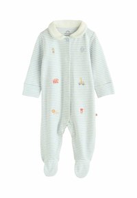 Romper de bebé a rayas en azul claro con motivos bordados que incluyen un león, un autobús, una jirafa, un helado y una cabina telefónica. Cuenta con un cuello blanco.
