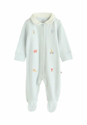 Gestreifter Baby-Overall inhellblau mit gestickten Motiven, darunter ein Löwe, ein Bus, eine Giraffe, ein Eis und eine Telefonzelle. Mit einem weißen Kragen.