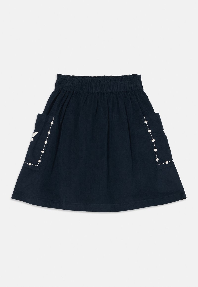 Marineblaues Cordrock mit elastischem Bund und zwei vorderen Taschen, die mit weißen Blumenstickereien verziert sind.