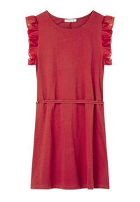 Abito rosso con maniche corte a balze, vita affusolata con una cintura abbinata e scollatura rotonda. Tessuto morbido con un design casual.