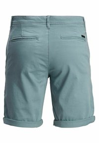 Pantaloni corti in cotone teal chiaro con orlo arrotolato. Presentano due tasche posteriori e una texture liscia. Design minimalista, senza chiusure visibili.