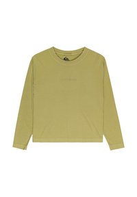 Camicia a maniche lunghe in verde oliva tenue, realizzata in cotone morbido, con scollatura tonda e un logo discreto in rilievo sulla parte anteriore.