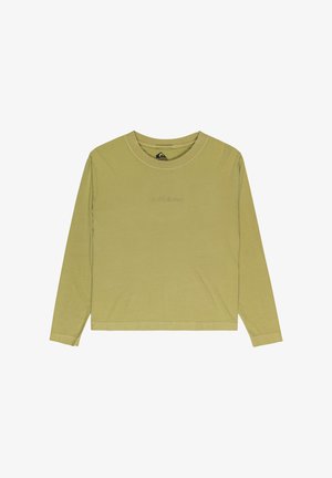 Long-sleeve shirt in muted olive green, made of soft cotton, featuring a round neckline and a discreet logo embossed on the front.