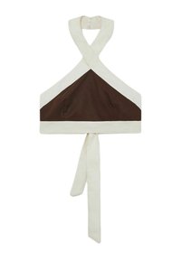 Brūna un krēmkrāsa halter tops ar šķērsgriezuma dizainu un saitēm. Iezīmes teksturēta auduma un kontrastējoši krāsu paneļi.